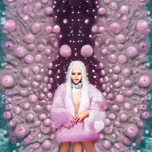 Prompt: white mink with head surrounded by pink circle made of chromosomes and bacteria matte art hd lilia alvarado 8k starring at camera symmetrical mink face bacteria chromosomes matte