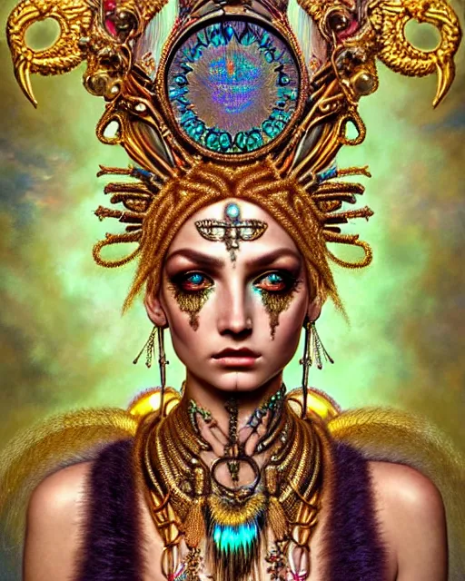 Image similar to hyperrealistic detailed portrait of a beautiful goddess in an iridescent - gold ornamental ritual headdress, intricate cyberpunk make - up, golden face tattoos, insane details, art by ernst haeckel, android jones, john william godward, gothic - cyberpunk, beautiful deep colours,