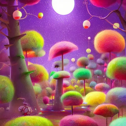 Image similar to a matte digital painting of a candy forest at night, bokeh, bright colours, watercolor, volumetric wool felting, macro photography, children illustration, by goro fujita
