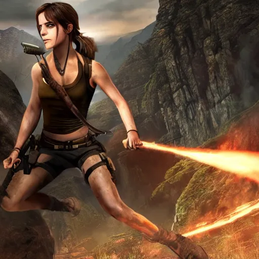 Image similar to Screenshot of Emma Watson as Lara Croft video game