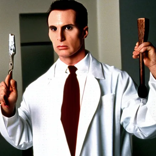 Prompt: Bald Patrick Bateman from American Psycho (2000) with a murder axe in his hands while wearing a labcoat