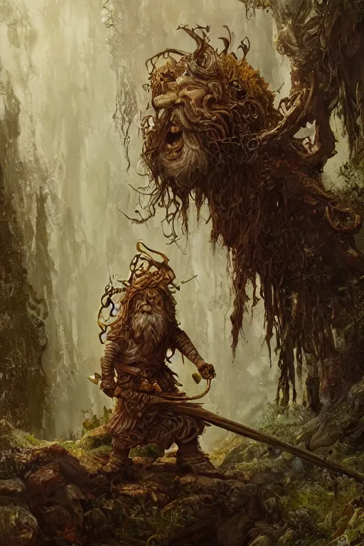 Prompt: portrait of a forest dwarf, in style of epic fantasy, in style of Midjourney, insanely detailed and intricate, golden ratio, elegant, ornate, elite, matte painting, cinematic, cgsociety, Jean-Baptiste Monge, Noah Bradley, Darius Zawadzki, vivid and vibrant