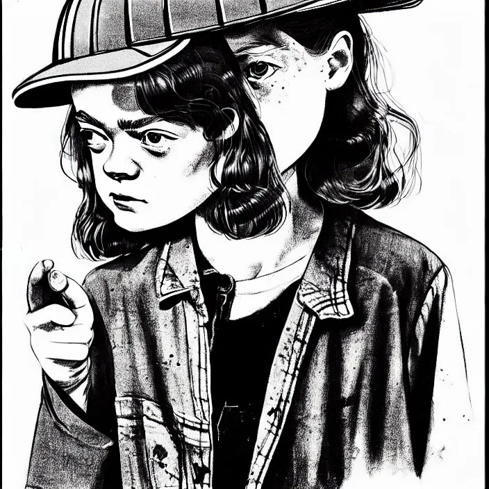 Image similar to [ sadie sink in dirty workmen clothes comes in ] [ a very dark dingy 1 9 6 0 s house ]. technique : black and white pencil and ink. by gabriel hardman, joe alves, chris bonura. cinematic atmosphere, detailed and intricate, perfect anatomy