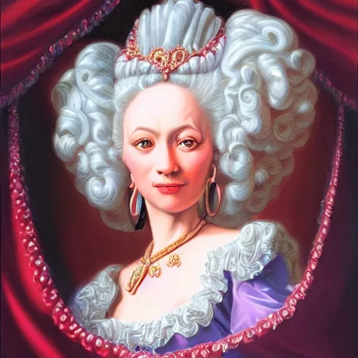 Prompt: baroque rococo pastel queen Greg Hildebrandt portrait