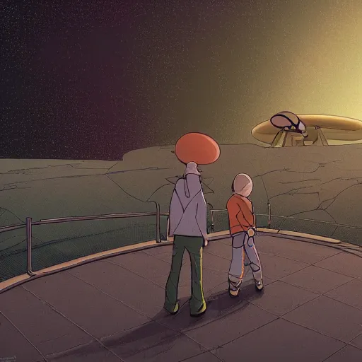 Prompt: highly detailed cell - shaded cartoon landscape with two boys looking at a miniature ufo 1 9 8 0 s science fiction, 1 9 7 0 s science fiction, cyberpunk, moody, misty, depth perception, 4 k, artstation, in the style of studio ghibli