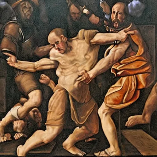 Image similar to three clones of Alex Jones of InfoWars fighting in a courtroom, renaissance painting, extremely detailed