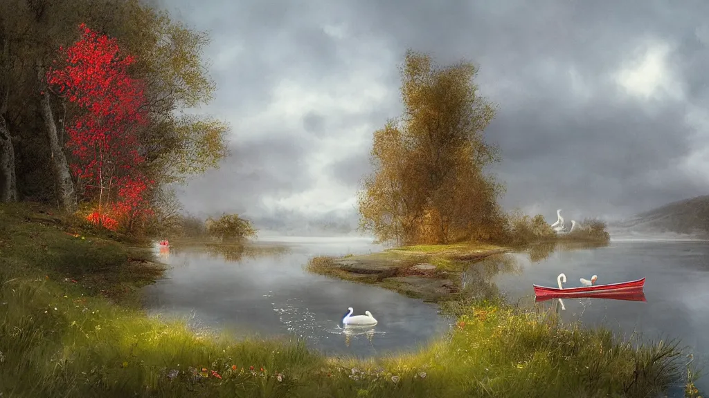 Prompt: small red wooden cottage by the lake, lanterns on the porch, smoke coming out of the chimney, dusk, birch trees, tranquility, two swans swimming on the lake, two swans on the lake, a wooden rowing boat, cumulus clouds, by Charlie Bowater, by Greg Rutkowski