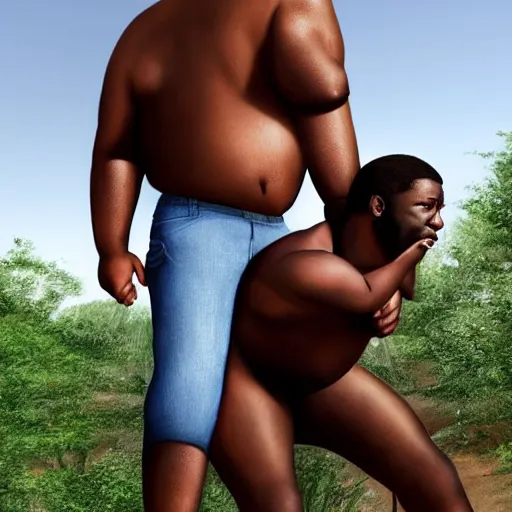 Image similar to a little black person rides on the shoulder's of a huge 7 ft tall 5 0 0 pound black man. hyperreal - h 6 4 0