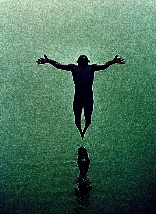 Image similar to “pepe the frog vertically hovering above misty lake waters in jesus christ pose, low angle, long cinematic shot by Andrei Tarkovsky, paranormal, eerie, mystical”