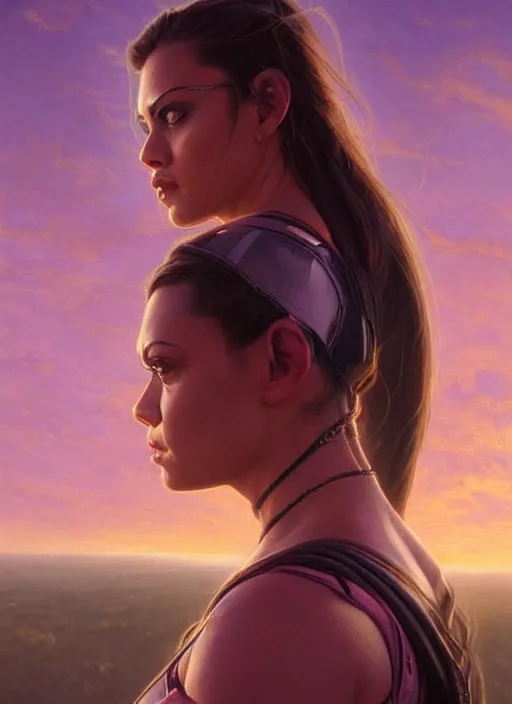 Image similar to epic portrait of Mila Kunis wearing black choker, a very strong muscled Amazon heroine, sun beams across sky, pink golden hour, intricate, elegance, highly detailed, shallow depth of field, epic vista, concept art, art by Artgerm and Donato Giancola, Joseph Christian Leyendecker