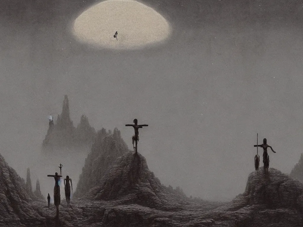 Image similar to jesus christ crucifixion in distance on an alien planet by beksinski, wide angle, beksinski monsters around, fantasy, scary, award winning 8k high detail highly detailed