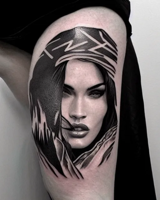 Prompt: tattoo design sketch of megan fox with amazing mountain scenery, with double exposure effect, realism tattoo, in the style of den yakovlev, amazing detail, sharp