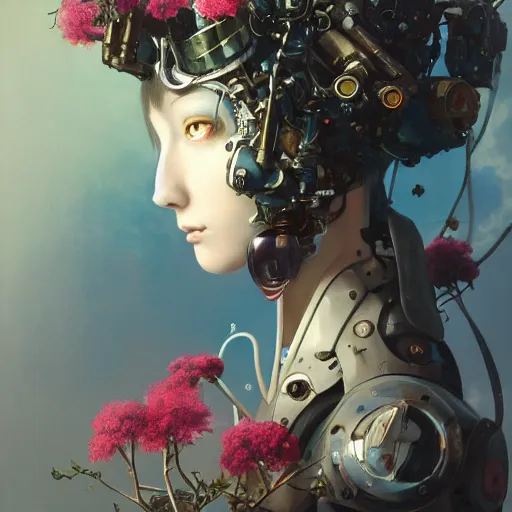 Image similar to surreal gouache painting, by yoshitaka amano, by ruan jia, by conrad roset, by good smile company, detailed anime 3 d render of a female mechanical android head with flowers growing out, portrait and white background, cgsociety, artstation, rococo mechanical costume and grand headpiece, dieselpunk atmosphere