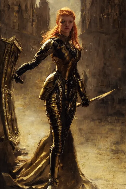 Prompt: redhead natalie dormer wearing black and gold medieval armour, bare legs, detailed, by gaston bussiere, bayard wu, greg rutkowski, giger, maxim verehin, greg rutkowski, masterpiece, sharp focus, cinematic lightning