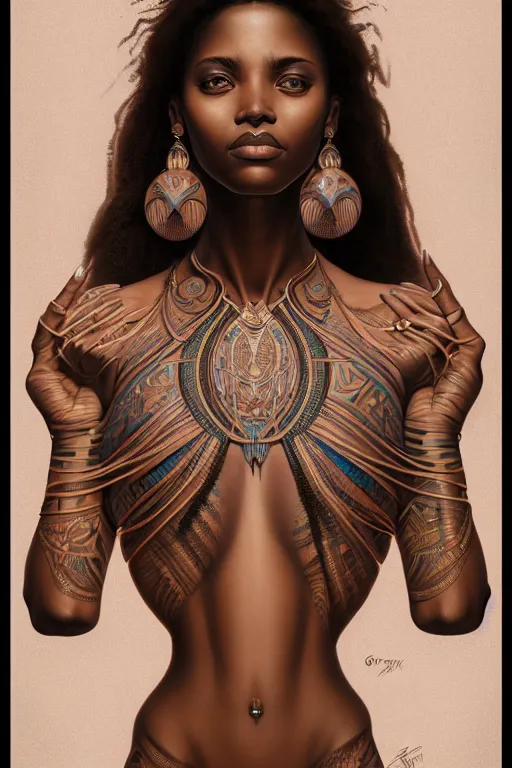 Prompt: symmetrical body portrait of beautiful nubian tribal tattooed young woman, intricate, elegant, highly detailed, digital painting, artstation, concept art, smooth, sharp focus, illustration, art by artgerm and greg rutkowski and alphonse mucha, 8 k