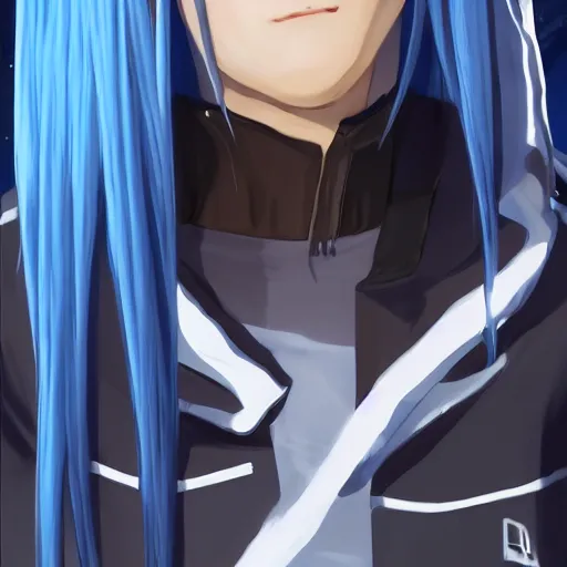 Image similar to profile shot of rimuru tempest averting his gaze, sky blue hair, straight hair, pretty, long bangs, amber eyes, all black jacket with white stripes, high collar | highly detailed, unreal engine 5, color block, digital painting, concept art, cinematic, wlop | artgerm, pixiv, greg rutkowski, ilya kuvshinov