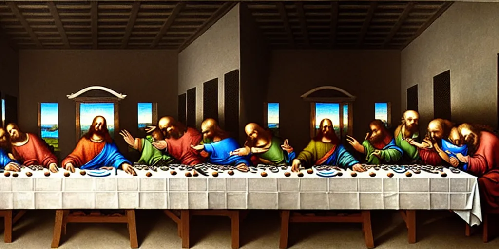 Image similar to masterpiece last supper, all skeletons, extremely detailed, 8 k, by leonardo da vinci