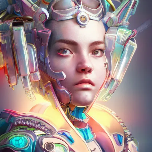 Image similar to studio portrait of lawful good colorful female holy mecha paladin absurdly beautiful, elegant, young sensual graceful woman, ultrafine hyperrealistic detailed face illustration by kim jung gi, irakli nadar, intricate linework, sharp focus, bright colors, matte, octopath traveler, final fantasy, unreal engine highly rendered, global illumination, radiant light, intricate environment