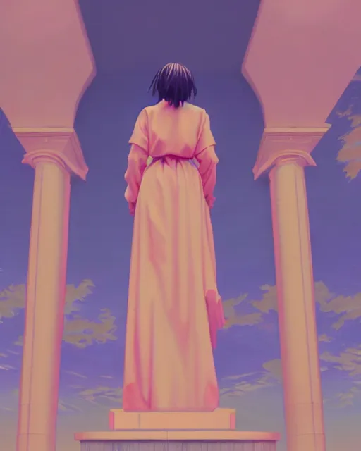 Image similar to a painting of a woman standing in front of a statue, a screenshot by stanley twardowicz, cgsociety, aestheticism, aesthetic, vaporwave, anime aesthetic