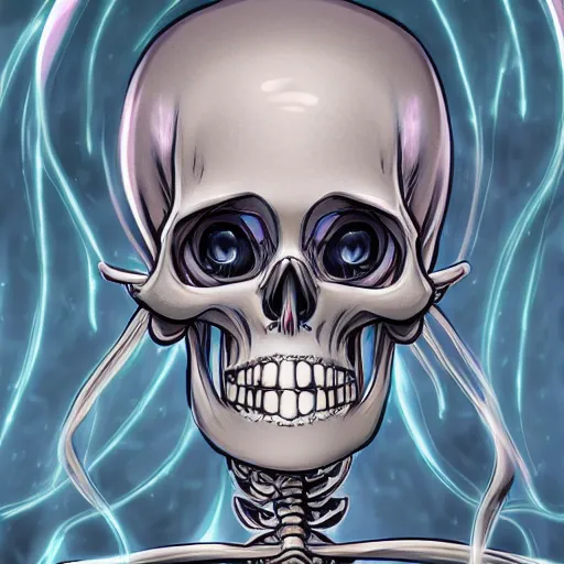 Image similar to manga fine details portrait of joyful skull girl skeleton. anime masterpiece by Studio Ghibli. 8k render, sharp high quality anime illustration in style of Steve Ditko, artstation