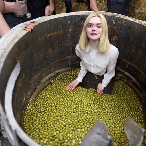 Image similar to Elle Fanning’s face emerges from a barrel filled with olives in oil