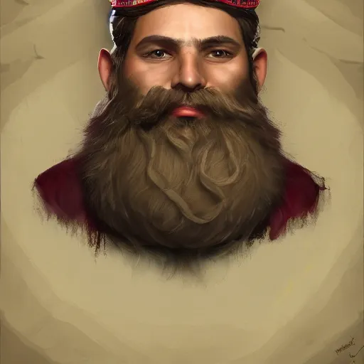 Prompt: a painting of a man with a beard wearing a crown, a character portrait by rajmund kanelba, polycount contest winner, sots art, detailed painting, official art, high detail, large painting