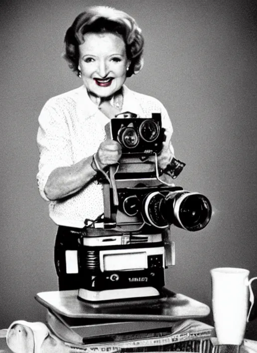 Image similar to a grainy film photo of Betty White, Kodak Brownie Camera