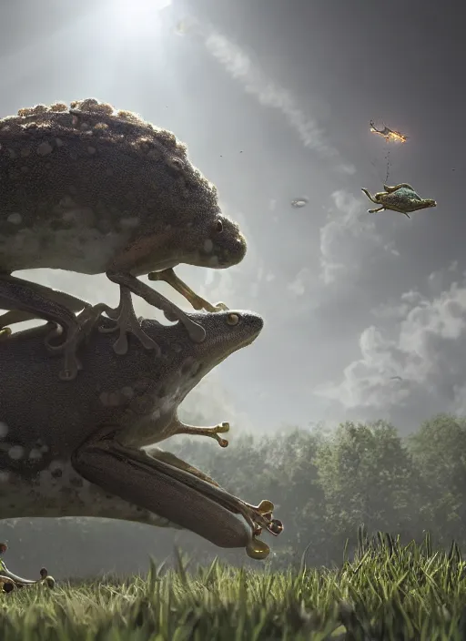 Prompt: hyperrealism, detailed textures, photorealistic 3 d, a massive hovering frog catching a giant house fly emerging from a fluffy cloud, ultra realistic, cinematic, intricate, cinematic light, concept art, illustration, art station, unreal engine 8 k