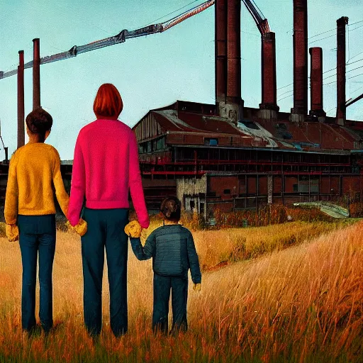 Prompt: a family holding hands, looking at an abandoned steelworks by simon stalenhag