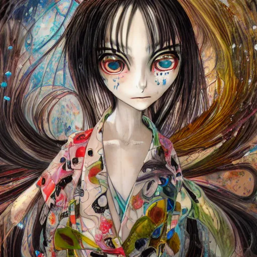 Image similar to yoshitaka amano realistic illustration of a sinister anime girl with big eyes and long wavy blue hair wearing dress suit with tie and surrounded by abstract junji ito style patterns in the background, blurred and dreamy illustration, noisy film grain effect, highly detailed, oil painting with expressive brush strokes, weird portrait angle