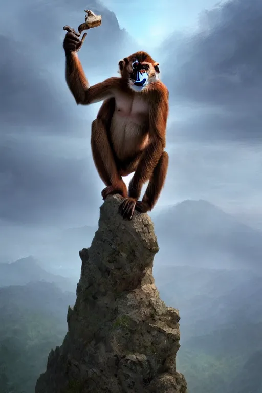 Image similar to a monkey standing at the top of a cliff throwing a bone in the air , dramatic lighting, cinematic, establishing shot, extremly high detail, photorealistic, cinematic lighting, artstation, style by James Gurney