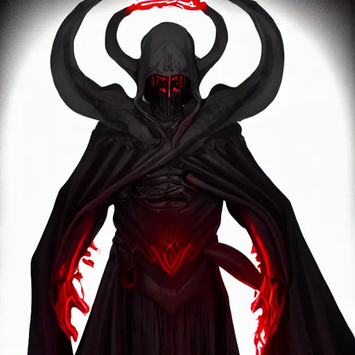 Image similar to dark lord looking into the camera, red glowing eyes, wearing black robe, white background, artstation