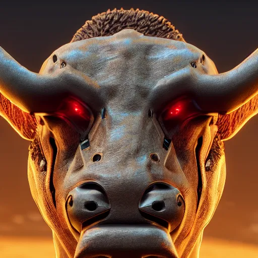 Prompt: a cyborg ( bull ) modeled after a bull looking into the camera, android, cyborg, full body shot, intricate, 3 d, hyper realism, fantasy, depth of field, octane render, symmetrical, highly detailed, digital art, artstation, concept art, cinematic lighting, trending