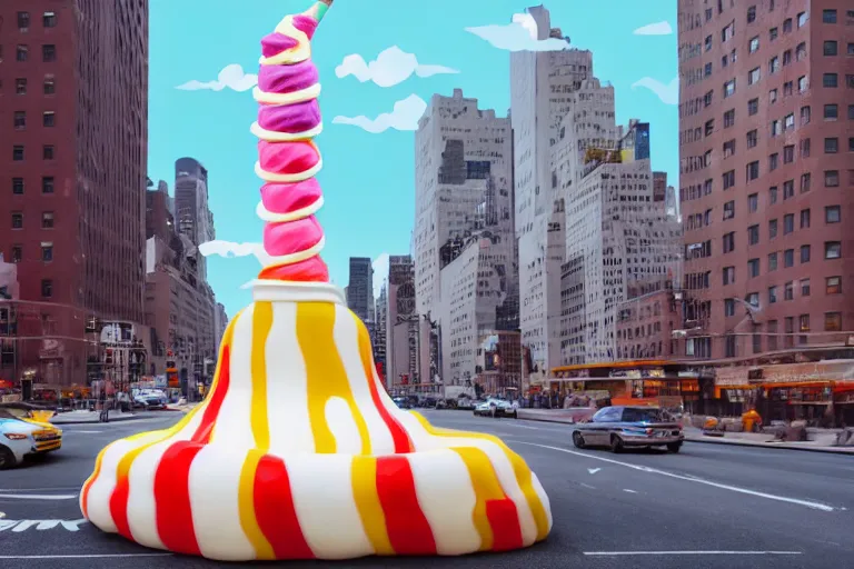 Prompt: a giant ice cream sundae sculpture in the center of a new york street, by Claes Oldenburg, pop art, oil painting, matte painting, Volumetric dynamic lighting, Highly Detailed, Cinematic Lighting, Unreal Engine, 8k, HD