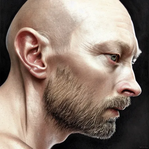 Prompt: hyper realistic, variations portrait of smooth very old thom yorke hairless, strong variations, singer songwriter, ( side ) profile, liminal space, by lee bermejo, alphonse mucha and greg rutkowski, greybeard, smooth face