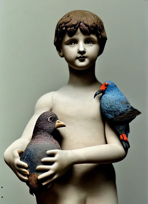 Image similar to realistic photo of a a boy with a pigeons, ancient greek sculpture realistic doll made of white detailed clay and black wooden brushwood, 1 9 6 0, life magazine photo, natural colors, metropolitan museum, kodak