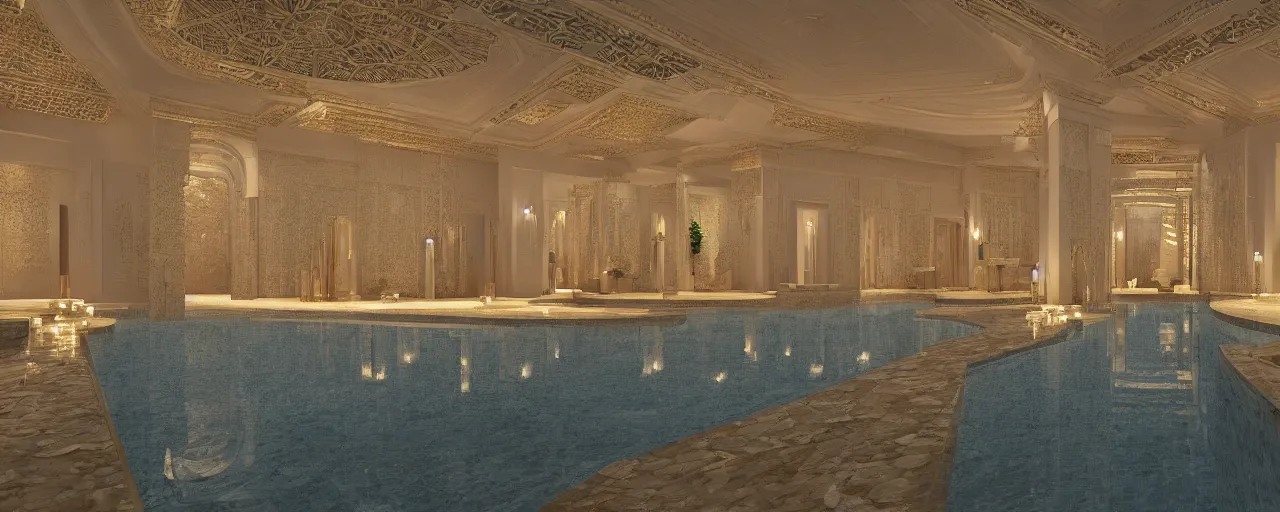 Prompt: 3 d render of a cinematic interior of a triple height hyper luxury spa with everything made of gold, candles, windows with view to desert mountains and river, beige stone marble floor with reflection, small wellness relaxation pool, potted plants, intricate hieroglyph detailed roof, contemporary design, fractal sacred geometry, 8 k, hyperrealistic, photorealism,