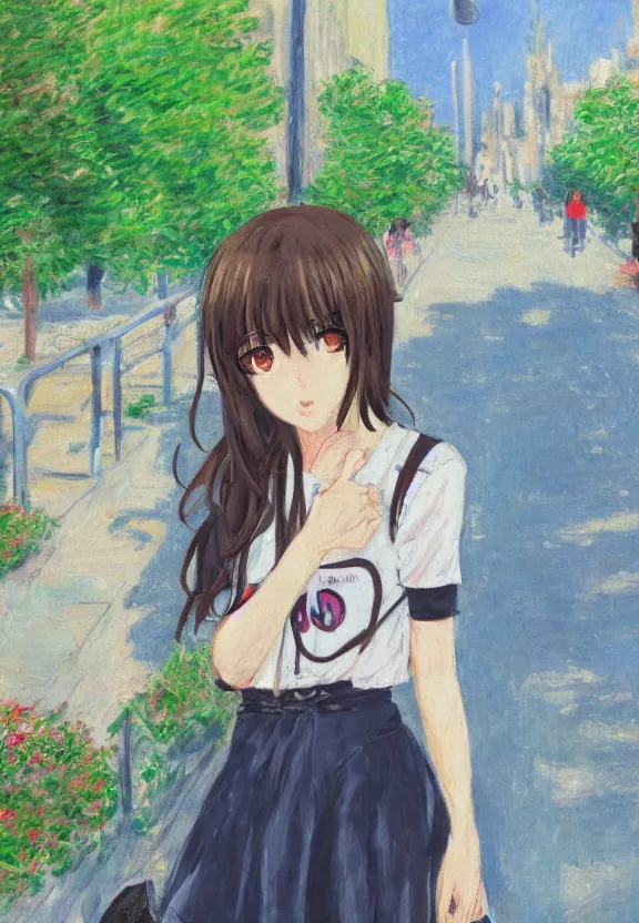 Prompt: wide angle portrait of a teenage girl, a thrifty outfit, very anime in impressionist style, city street view background, anime trending artwork, anime painter studio, by claude monet