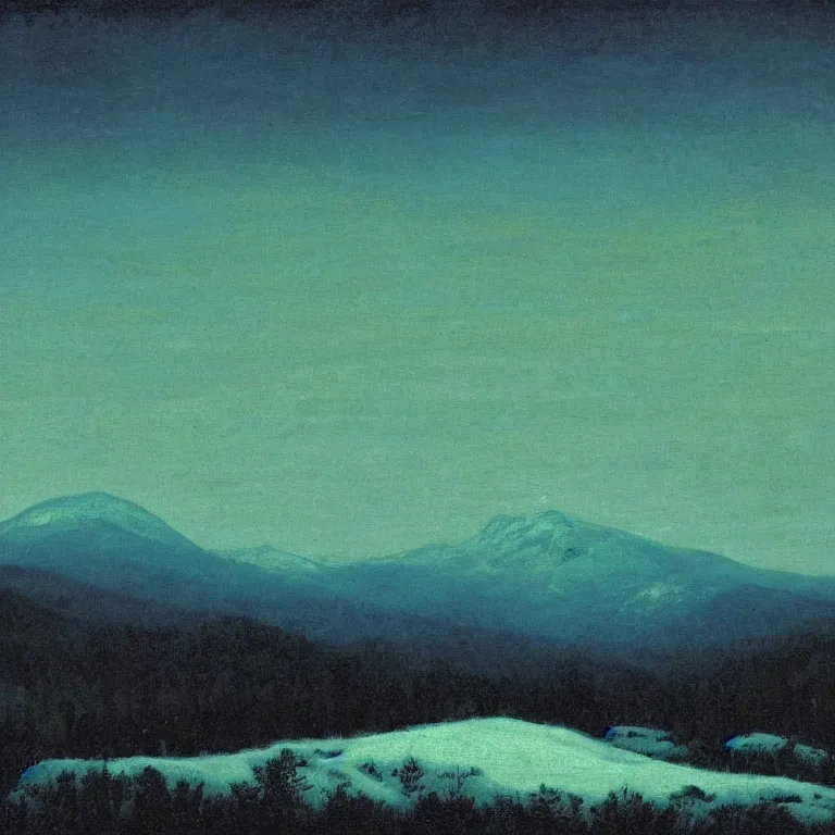 Prompt: new hampshire, mountains, winter, night, luminous, teal palette, arkhip kuindzhi, glaze oil painting, christian mysticism