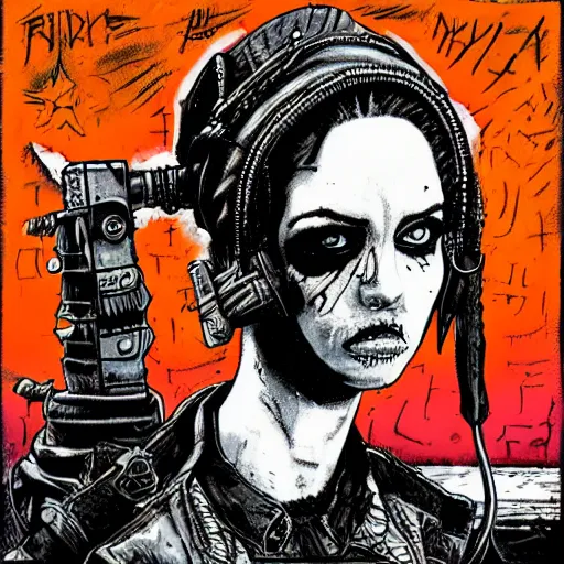 Image similar to punk album cover, black, white, orange, psychedelic, in the style of enki bilal, tank girl