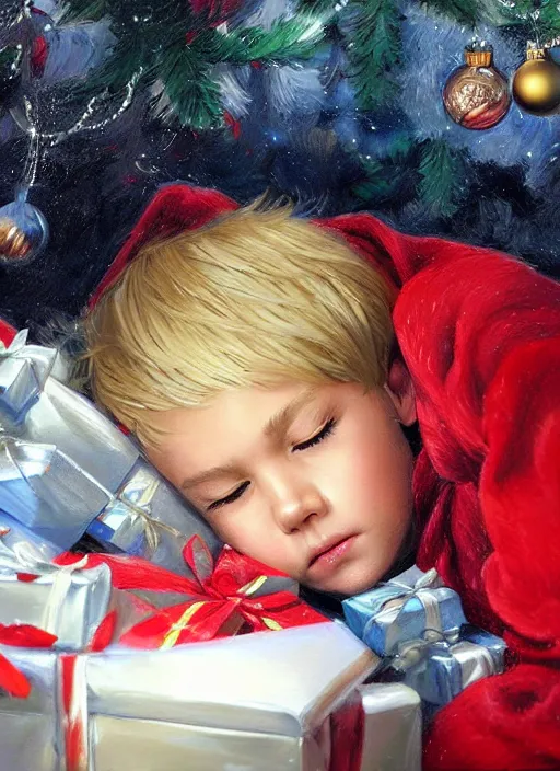 Prompt: four year old boy with short blonde hair, asleep at christmas. surrounded by gifts. high quality detailed face. beautiful painting by artgerm and greg rutkowski