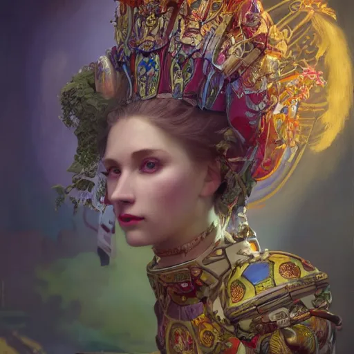 Prompt: a highly detailed chess queen, neon colored, beautiful detail and color, art by john collier and albert aublet and krenz cushart and artem demura and alphonse mucha, volumetric lighting, octane render, 4 k resolution, matte, sharp focus, illustration, art by jacque - louis david, baroque style