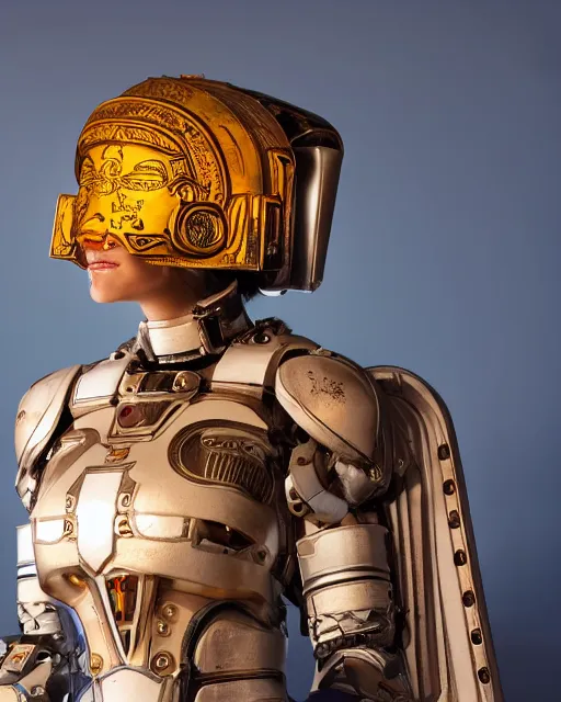 Image similar to centered medium shot fine studio photograph of a young woman wearing only a white solarpunk mecha Mayan helmet with bright lights, ultra-realistic, white background, 8k HDR sunset lit, intricate