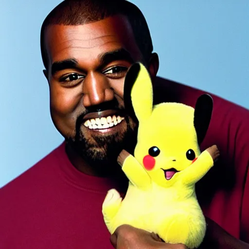 Image similar to kanye west smiling holding pikachu for a 1 9 9 0 s sitcom tv show, studio photograph, portrait c 1 2. 0