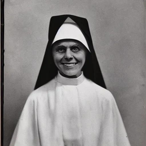 Prompt: antique photograph of an evil catholic nun, crazy eyes wide open, horror, staring at the camera, evil smile, sharp teeth, headshot, dark background, low exposure