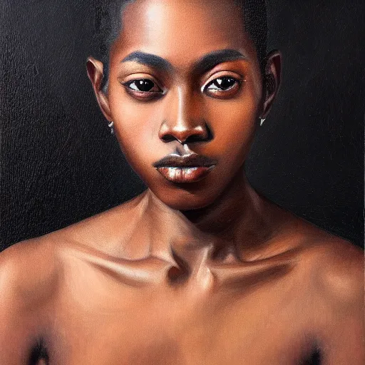 Image similar to A portrait of a thin trendy and gorgeous non-binary person, dark black skin tone, oil painting, majestic, detailed, high resolution