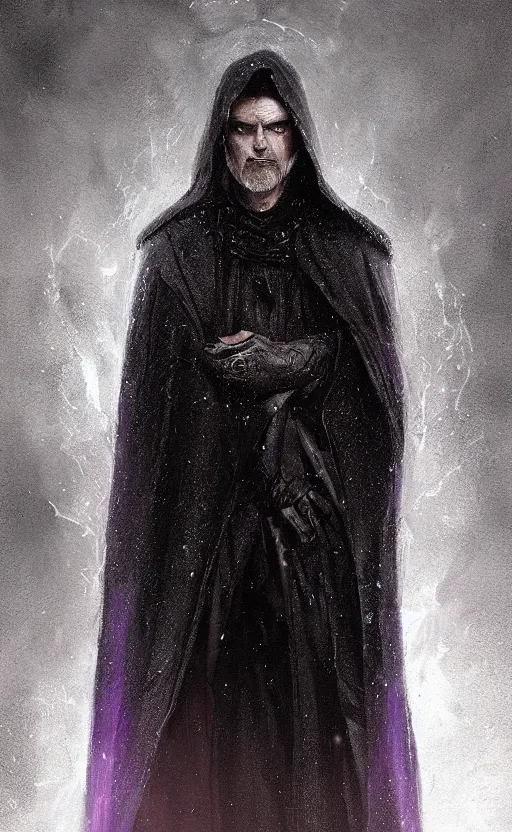 Prompt: portrait of a man with glowing purple eyes dressed in a black cloak with silver hair, detailed face, fantasy, highly detailed, cinematic lighting, digital art painting by greg rutkowski