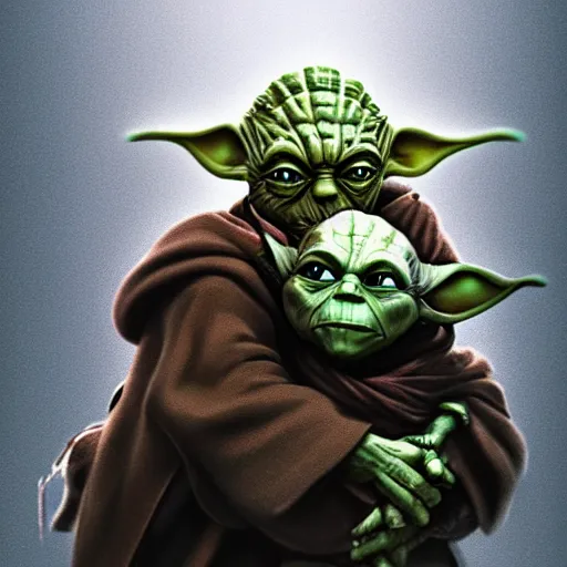 Prompt: jorge porcel carrying yoda on his shoulders, cinematic, backlighting, trending on artstation, movie poster