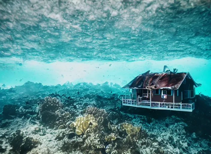 Image similar to dslr photo still of a house on fire under the water under water at the bottom of the ocean, 8 5 mm f 1. 8