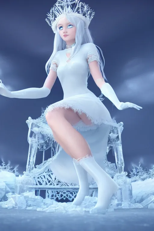 Prompt: Ice Princess, white long hair, sky blue eyes, short white silk dress, white long gloves, feet showing, legs crossed, arms crossed, crown made of ice, sitting on throne, frost, fantasy, elegant, artstation, hard focus, octane render